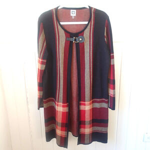 Anne Klein Cardigan Sweater Womens Large Black Red Plaid Open Duster Gold Buckle